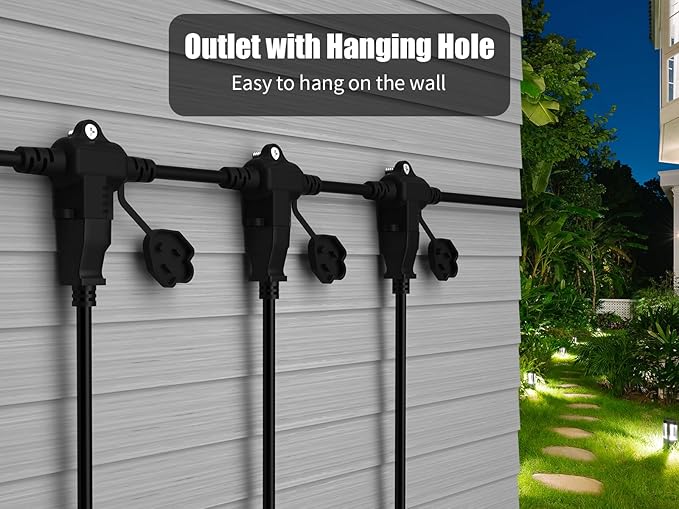 50Ft Outdoor Extension Cord - Evenly Spaced 6 Outlets Plugs with Safety Cover, 16/3 SJTW Weatherproof Multi Outlet Extension Cord for Landscape, Halloween, Holiday Decor, ETL Listed (Black)