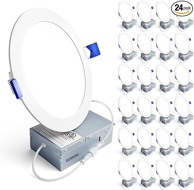 Ensenior 24 Pack 6 Inch LED Recessed Light, Dimmable, 5000K Daylight, 1200LM High Brightness, 12W 120V, Damp Rated, Ultra-Thin Canless Wafer Ceiling Light - ETL & FCC & IC