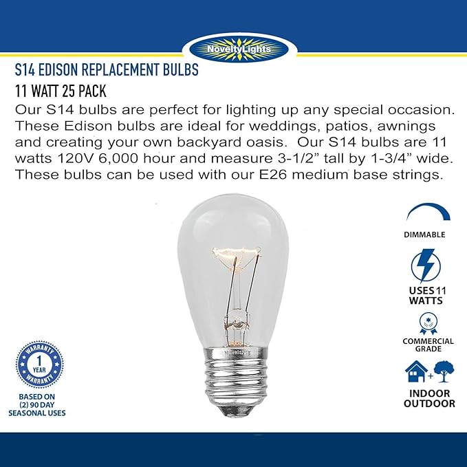 Novelty Lights 25 Pack S14 Outdoor Patio Edison Replacement Bulbs, E27 Medium Base, Ceramic White, 11 Watt