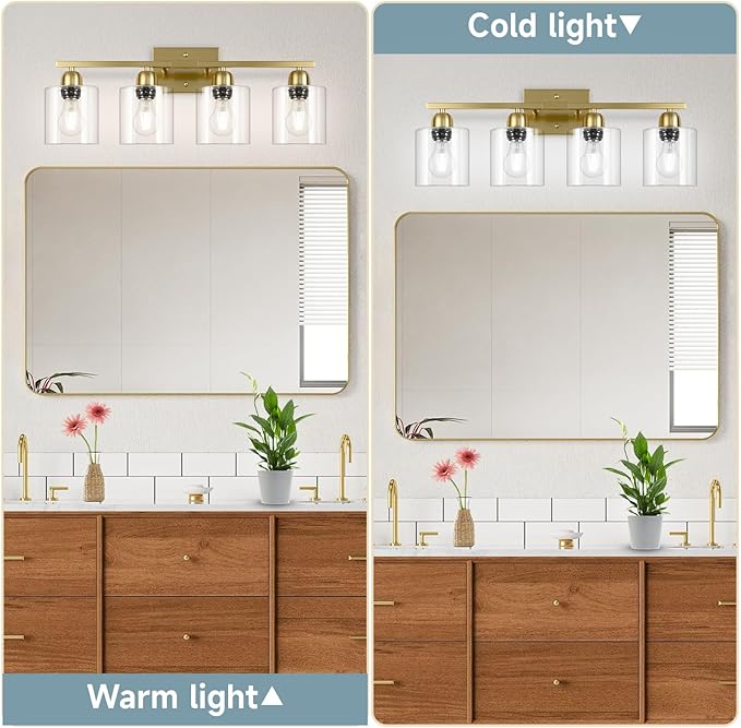 Modern Brushed Gold 4 Light Bathroom Light Fixtures, 24 inch Vanity Lights for Bathroom with Clear Glass for Mirror Kitchen Living Room Hallway Cabinet Porch