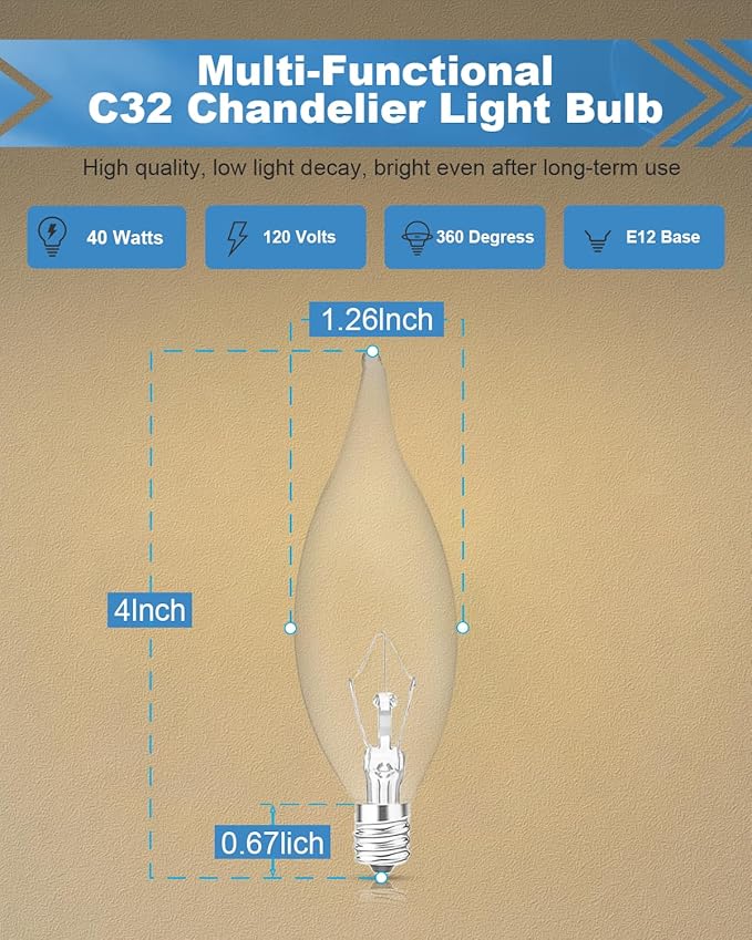 E12 B10 Clear Candle Base Bulb with Warm White 2700K, 40W Candelabra Light Bulbs, 400 Lumen Dimmable, 120V Incandescent Chandelier Light Bulbs for Pendants, Ceiling Fan, Wall Sconces (12-Pack)