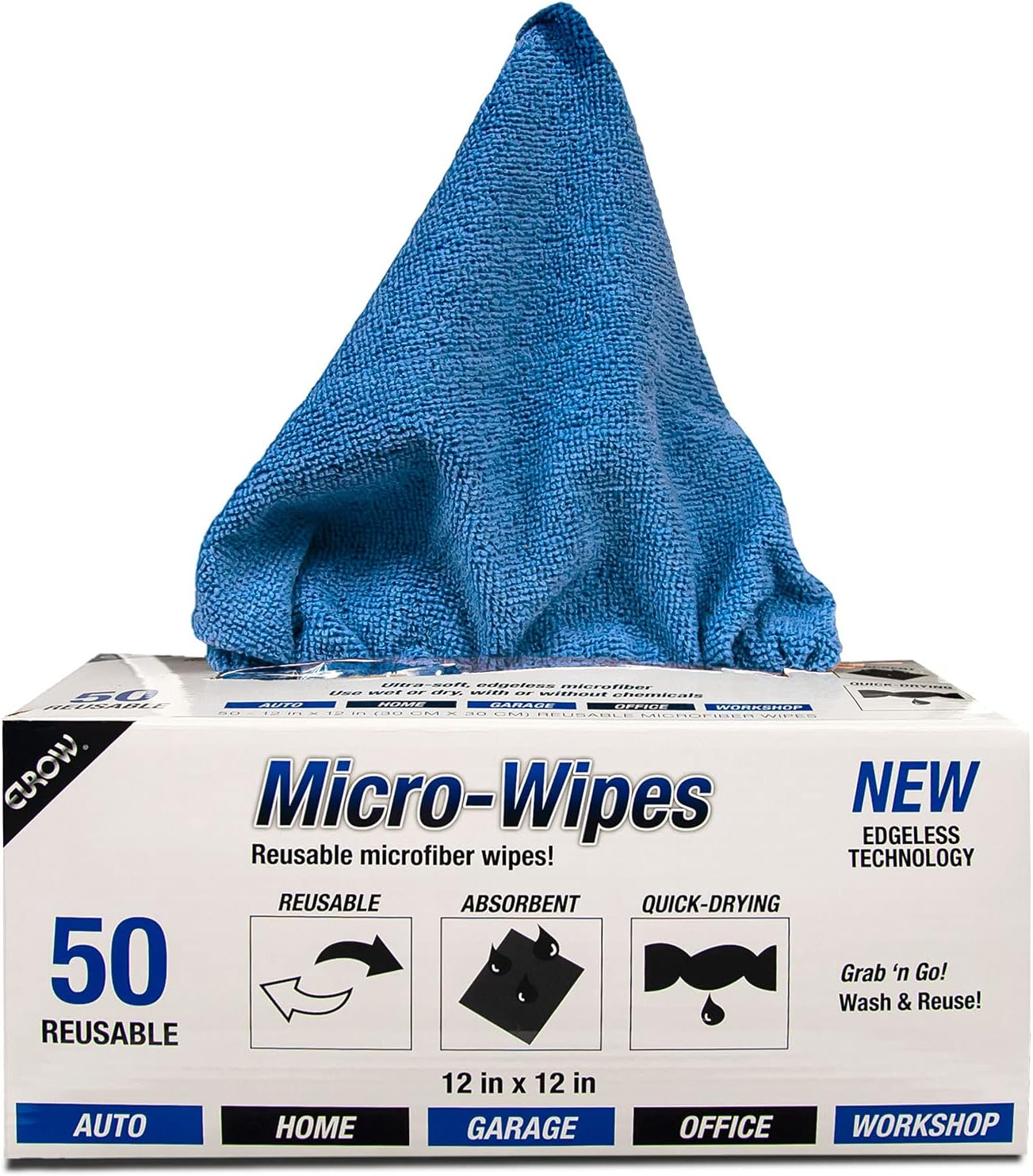 Eurow 200GSM Microfiber Cleaning and Drying Cloths with Dispenser Box, Reusable, Streak-Free, Scratch-Free, Ultra Absorbent, Edgeless for All Surface Types, 12x12in, 50-Pack, Blue