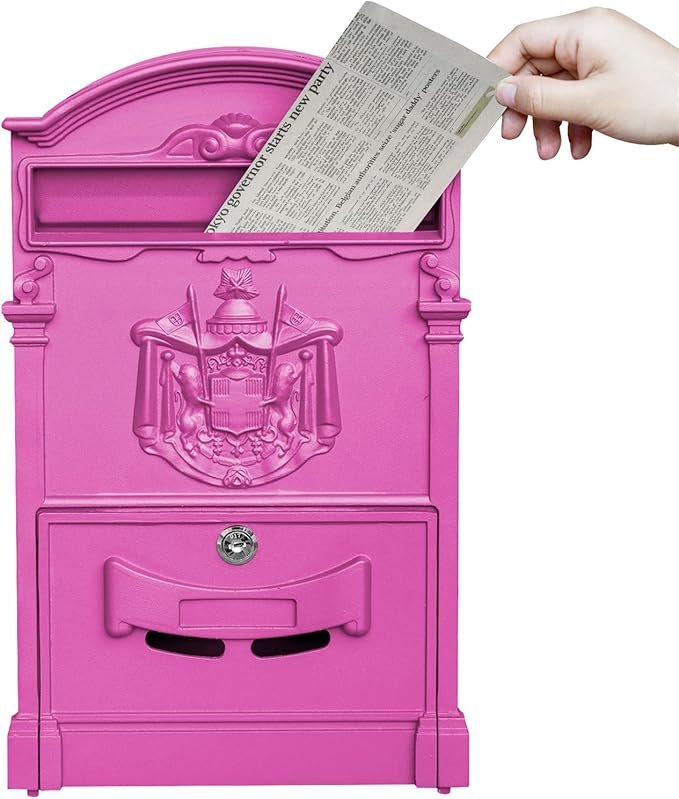 Wall Mount Mailboxes, Rust Resistant Locking Vintage Mailbox for House, Galvanized Steel Outside mailboxes with Key Locks, Barbie Pink