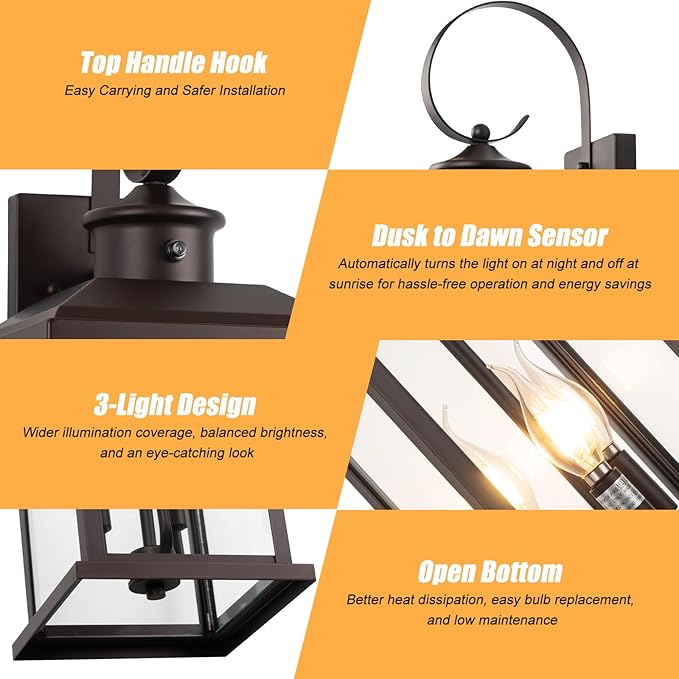 24" Dusk to Dawn Outdoor Wall Sconce: Bronze Large Porch Light 3-Light Waterproof Modern Exterior Lighting Fixture Wall Mounted, Outside Lamp for House Garage E12