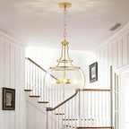 Industrial Round Chandelier Rustic Ceiling Light Fixture 3-Light Farmhouse Pendant Light with Seeded Glass Shade for Dining Room Hallway Entryway Kitchen Bedroom, Gold