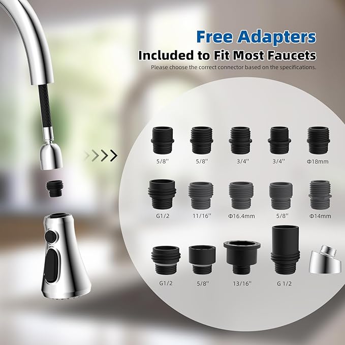Hibbent Pull Down Kitchen Faucet Head Replacement, NSF/ANSI/CAN 61 & CUPC Certified 3-Function Sink Spray Nozzle with 15 Adapters Compatible with Moen, Delta, Kohler Faucets, Chrome