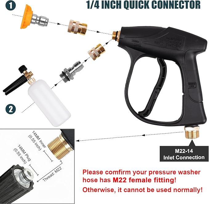 Pressure Washer Short Gun, Foam Cannon with 1/4 Inch Quick Connector, Power Washer with 5 Pressure Washer Nozzle Tips, M22-14 mm Inlet Connector