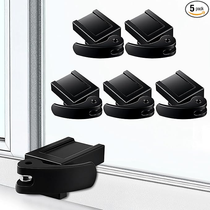 5 Pack Window Locks, Diecast Durable Design, Compatible with Horizontal and Vertical Window, Fit 1/16 inch(0.16cm) up to Wide Rail Easy Installation, Enhanced Safety (Black)
