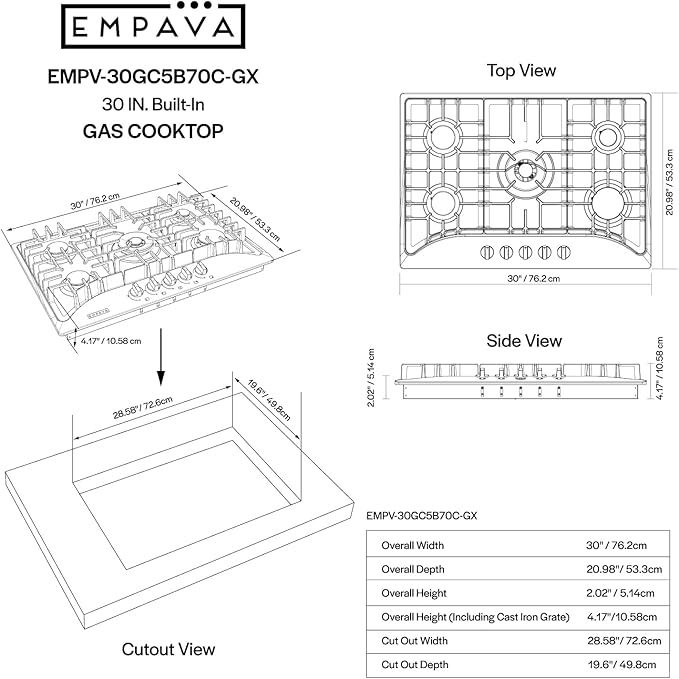 Empava 30" Gas Cooktop with 5 Italy Sabaf Sealed Burners NG/LPG Convertible in Stainless Steel Model 2020, 30 Inch