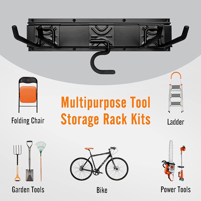 Garden Tool Storage Rack, Outdoor Power Tools Hangers for Garage Wall Organization with 6 assorted Multi-Purpose Hooks, Organizer Holders for Landscaping Equipment, Folding Chairs, Ladders etc.
