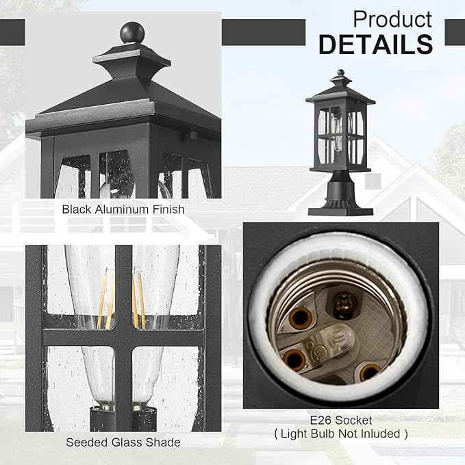 Darkaway Outdoor Post Lights, Exterior Post Lantern Lamp Waterproof Aluminum Housing Lamp with Seeded Glass, Fence Pole Deck Lighting for Garden Patio Pathway Driveway