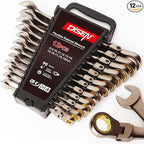 DISEN 12 Pcs Flex Head Ratcheting Wrench Set 90 Teeth, Metric Combination Ratchet Wrenches Set 8-19MM, Nickel Plating Cr-VSteel with Organizer Rack
