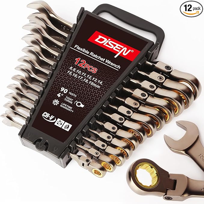 DISEN 12 Pcs Flex Head Ratcheting Wrench Set 90 Teeth, Metric Combination Ratchet Wrenches Set 8-19MM, Nickel Plating Cr-VSteel with Organizer Rack