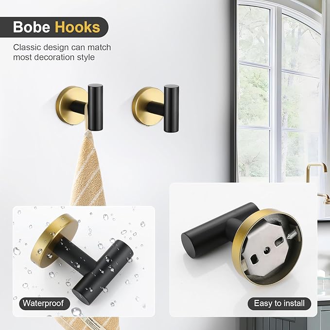 TQKAG Black and Gold Bathroom Hardware Set 6-Piece Bathroom Accessory Set 23.6 Inch Round Stainless Steel Towel Bar Set Wall Mounted