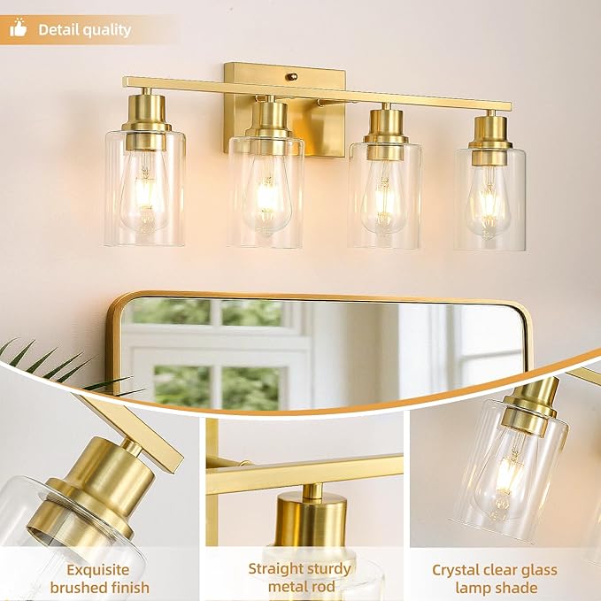 EMONG Gold Bathroom Light Fixtures,4-Lights Brushed Brass Vanity Light with Clear Glass Shade,Modern Wall Sconces for Hallway, Farmhouse,Living Room