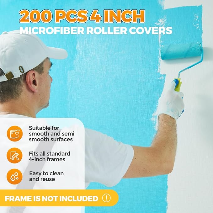 Leumoi 200 Pcs 4 Inch Mini Paint Roller Bulk Small Microfiber Roller Cover 1/2" Nap for Paint Brush for House Painting Supplies DIY Craft Home Wall Repair Tool Kit Set (Yellow Base, Black)