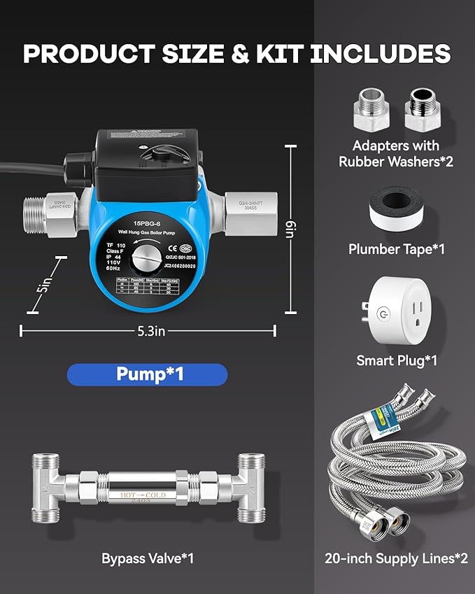 Instant Hot Water Recirculating Pump Kit with 304 Stainless Steel Bypass Valve, 20-in PEX Supply Lines for Potable Water, Smart Plug and Adapters with Rubber Washers for Tank Water Heaters
