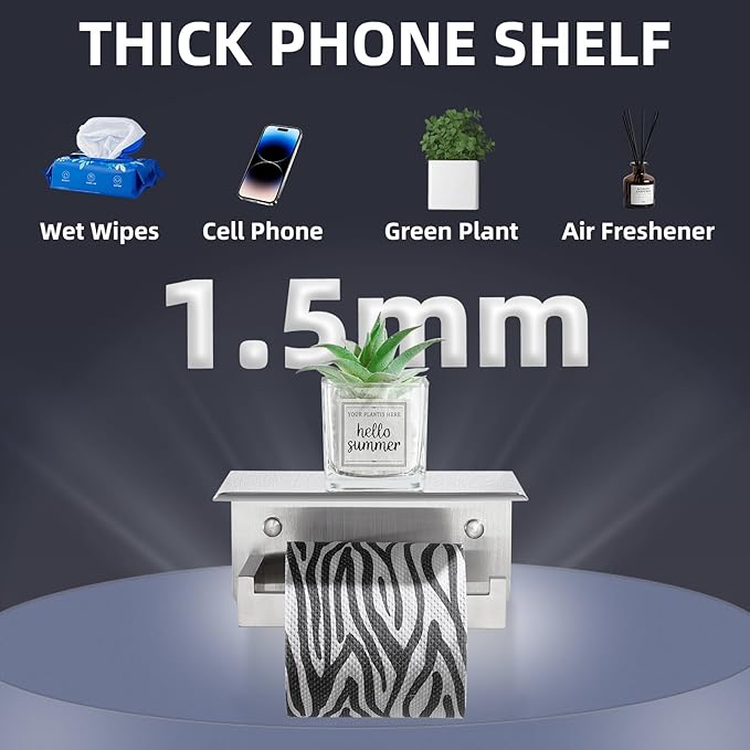 APLusee Brushed Nickel Toilet Paper Holder with Phone Shelf, 304 Stainless Steel Toilet Tissue Roll Holder, Wall Mounted Bathroom Paper Roll Dispenser