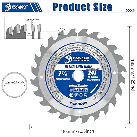7-1/4-Inch 24-Tooth Circular Saw Blade, 0.063" Ultra Thin Kerf Blade 20mm Bore (16mm Reduction Ring Included), ATB Framing Blade for Wood Fast Cutting