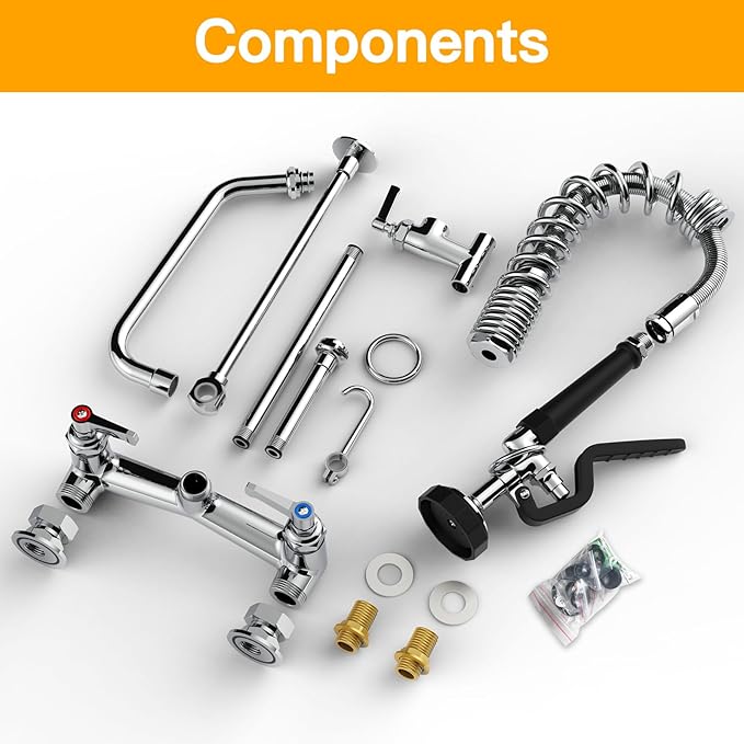 Commercial Sink Faucet with Sprayer 25" Height 8" Adjustable Center 10" Swing Spout,Brass Constructed Wall Mount Commercial Faucet with Pull Down Pre-Rinse Sprayer for 1/2 Compartment Sink（25"）