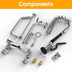 Commercial Sink Faucet with Sprayer 25" Height 8" Adjustable Center 10" Swing Spout,Brass Constructed Wall Mount Commercial Faucet with Pull Down Pre-Rinse Sprayer for 1/2 Compartment Sink（25"）