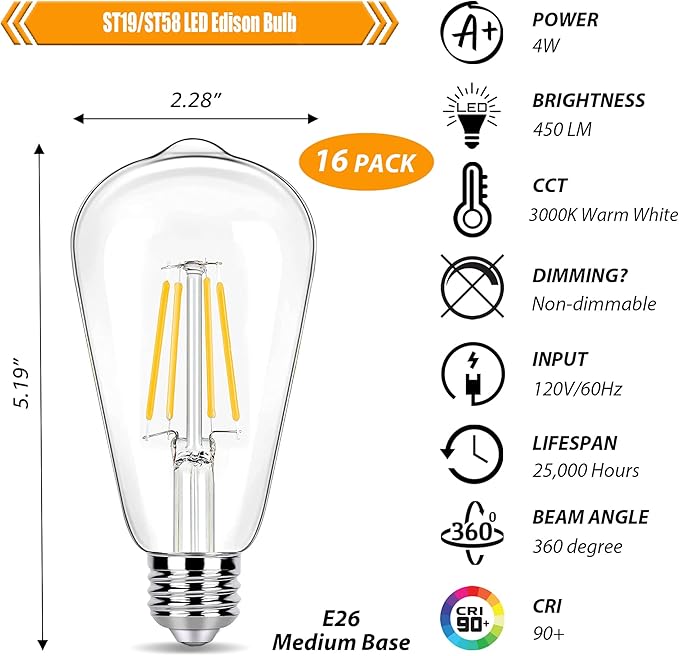 16 Pack LED Edison Bulbs 40w Equivalent, 4 Watt LED Filament Bulb, 3000K Warm White ST19 Light Bulb, 450lm E26 Vintage Bulbs for Ceiling Light Fixture, Not Dimmable