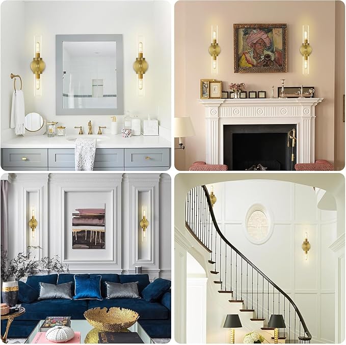 Gold Wall Sconce for Bathroom Hardwired, 20.5" Brass Wall Sconces, Linear Sconces Wall Lighting Double-Lights, Bathroom Lighting Fixtures over Mirror, Tube Bath Vanity Light for Living Room, Bedroom