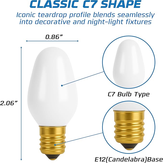 OHLECTRIC Night Light Bulbs (24 Pack – White), 7 Watt Mini Bulbs – E12 Candelabra Base, Non-Dimmable, 120 Volts – C7 Night Light Lamp Replacement Bulb for Salt Lamps, Window Candles, Holiday Decor