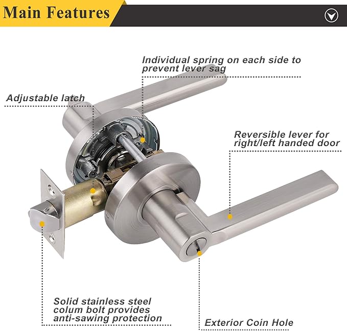 Probrico Satin Nickel Privacy Door Levers, Flat Interior Bath/Bed Door Handles, Reversible for Right & Left Handed Bedroom/Bathroom Doors, 5 Pack