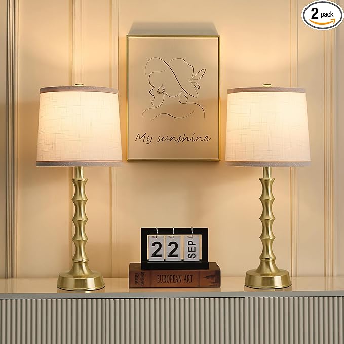 Set of 2 Gold Table Lamps, 24" Electroplated Gold Bamboo Base with White Linen Shade, Compact Nightstand Lamps for Bedroom, Living Room, Office Decor