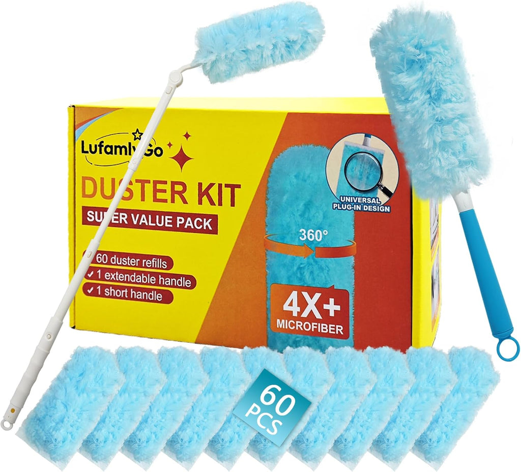 60ct 360° Heavy Duty Duster Refills Kit for Swiffer Duster, 4X Dust Capture Power with Microfiber, Disposable Feather Dusters for Cleaning Ceiling Fan, Cobweb, Car,1 Extended &1 Short Handle