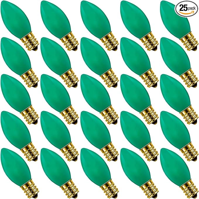 25 Pack C9 Ceramic Christmas Replacment Bulbs, Green Light Bulbs for E17 Candelabra Base Outdoor/Indoor Christmas String Lights, 7 Watt