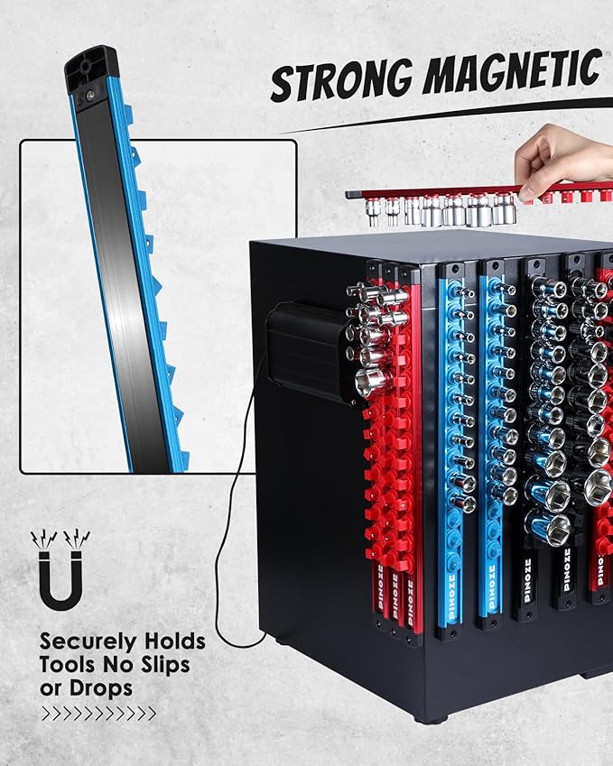 1/4" Magnetic Socket Holder Organizer - Aluminum Alloy Socket Rail Tray for Tool Box Drawer, Socket Rack with Extra 2Pcs Replacement Clips for Automotive Garage(Blue)