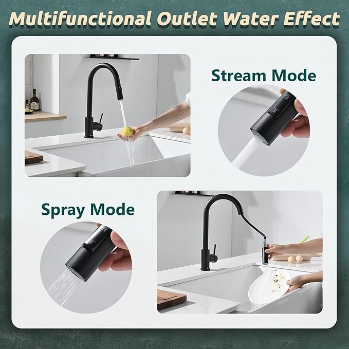 APPASO Kitchen Faucet with Pull Down Matte Black, Single-Handle High Arc Swan-Neck Modern Kitchen Sink Faucet with Optional Deck Plate Stainless Steel