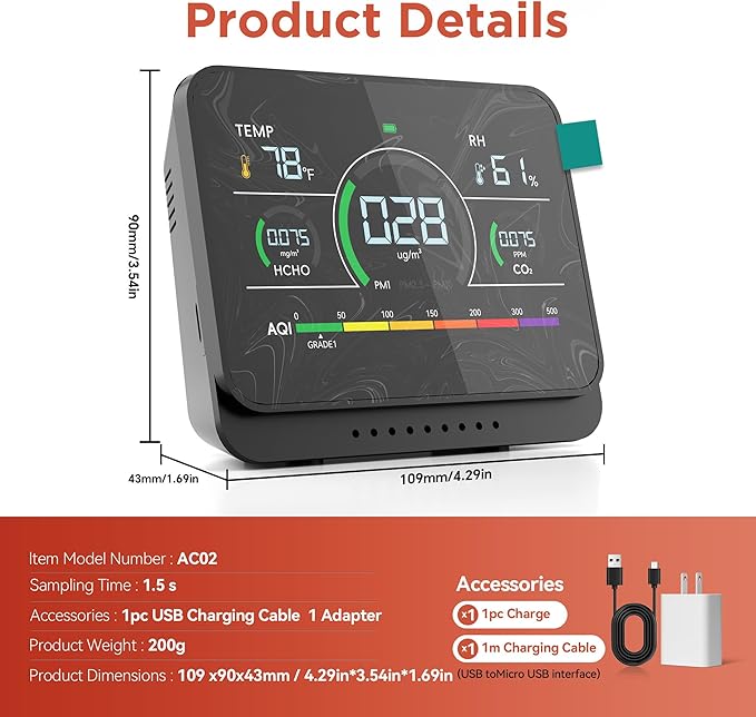 13-in-1 Air Quality Monitor Indoor with Beep Alarm, 6AQI Air Quality Detector with PM1.0 | PM2.5 | PM10 | Temp | CO2 | Formaldehyde | HUM Tester for Home Office Plant (Pearl White)