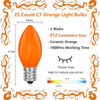 C7 Orange Light Bulbs- 25 Pack Vintage Ceramic Orange Light Replacement Bulbs for Halloween Christmas Lights Night Light Chandelier Fall Holiday Decor, E12 Candelabra Base, 5 Watts