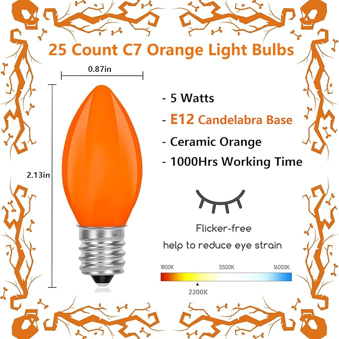 C7 Orange Light Bulbs- 25 Pack Vintage Ceramic Orange Light Replacement Bulbs for Halloween Christmas Lights Night Light Chandelier Fall Holiday Decor, E12 Candelabra Base, 5 Watts
