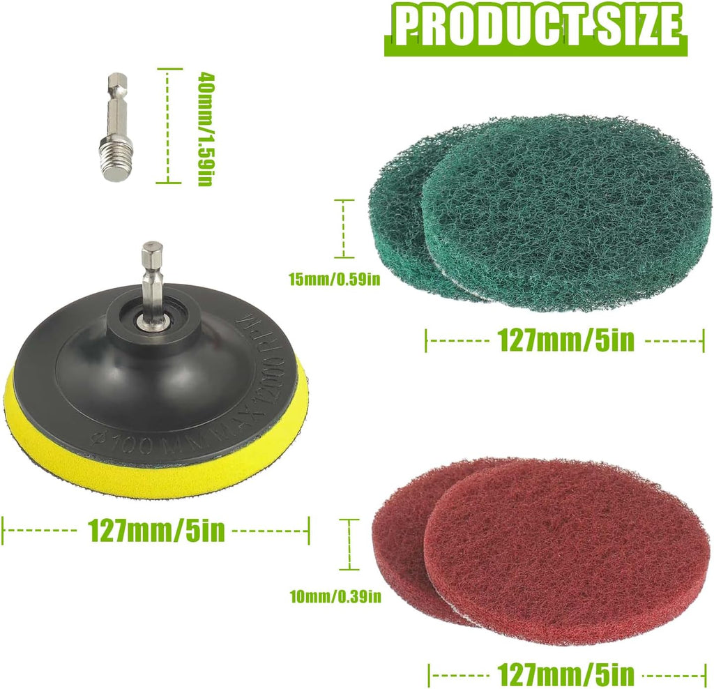 5 Inch Scrub Drill Brush Power Scouring Pads Household Cleaning Set for Kitchen Bathroom 4 Red Pads 4 Green Pads 1 Drill Attachment and 1 Universal Shaft