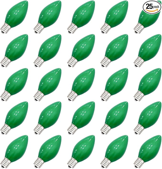 SUNSGNE C7 Ceramic Green Replacement Bulbs, 25 Pack St. Patrick's Day Light Bulb Night Light Candle Bulb, Outdoor String Light Bulbs for St. Patrick's Day Patio Christmas Decor, C7/E12 Base-5 Watt