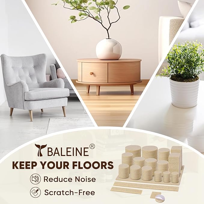 BALEINE 300PCS Felt Furniture Pads, Multi-Size Felt Pads for Chair Legs, Tables, Beds, Scratch-Reducing Floor Protectors for Hardwood Floors, Tile, Vinyl, and Laminate (300PCS, Beige)