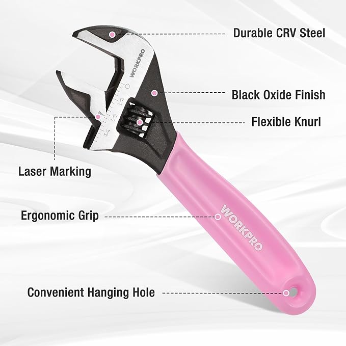 WORKPRO 6-Inch Pink Adjustable Wrench, Cr-V Steel, Wide Jaw Black Oxide Wrench, Metric & SAE Scales, for Home, Garage, Workshop and DIY-Pink Ribbon