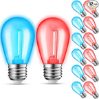 12-Pack Blue Red String Light Bulbs, Patio String Light Replacement Bulb for Outdoor Indoor, 1W E26 Base S14 LED Bulbs for Christmas Halloween,Holiday,Home Decor (6 Blue + 6 Red)