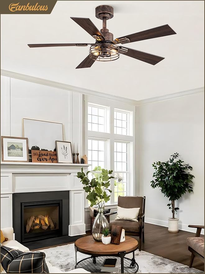 1 Pack Farmhouse 42 Inch Ceiling Fans with Lights, Industrial Caged Ceiling Fans for Bedroom Living Room, Double-Sided 5 Blades Rustic Ceiling Fan-Black Gold