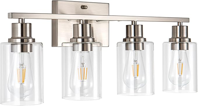 EMONG Brushed Nickel Bathroom Light Fixtures, 4-Light Vanity Lights with Clear Glass Shade, Wall Sconces for Hallway, Farmhouse, Living Room, Kitchen