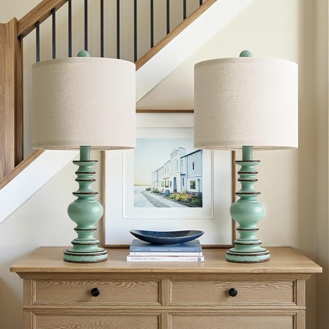 BOBOMOMO 20" Distressed Teal Bedside Lamps Set of 2, Hand-Painted Vintage Resin Lamps with Linen Shades, Cottage Farmhouse Lamp for Living Room, Bedroom, and Hallway, Space-Saving Accent Lamps