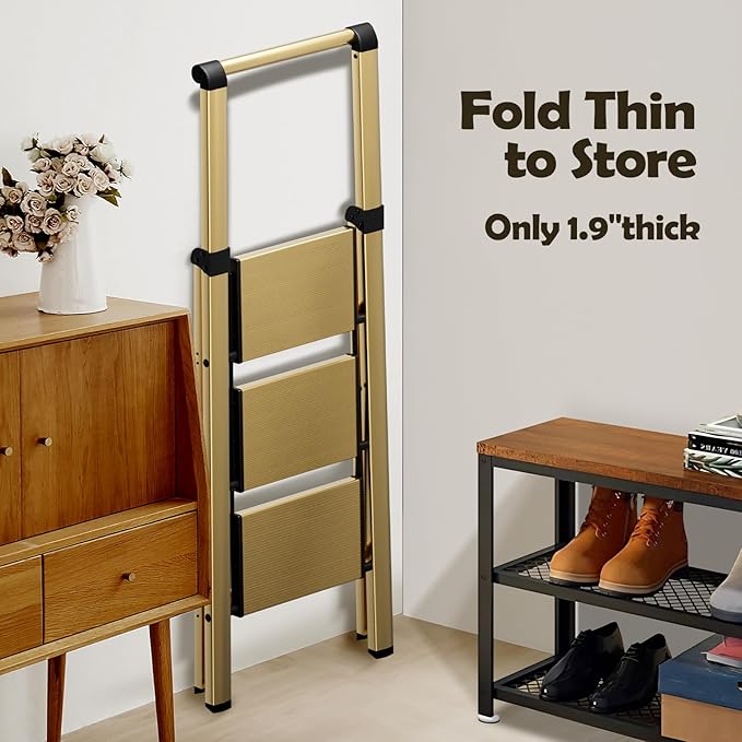 Taranta 3 Step Ladder, Portable Folding Ladder with Wide Pedal, Lightweight Aluminum Step Stool with Convenient Handgrip, 330 lbs Capacity Stepladder for Home, Office - Gold