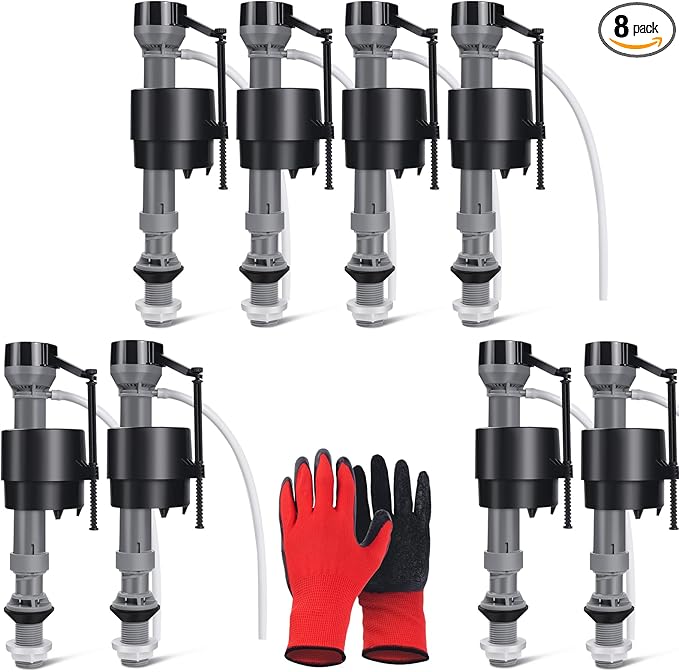 8 Pieces Adjustable Toilet Fill Valve Replacement Kit with Gloves, Quiet Toilet Flush Valve for Tank and Bowl, Universal Toilet Valve Replacement Set (8–13 in, G15/16")