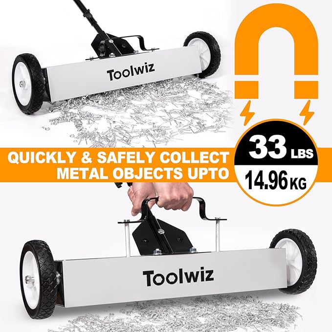 Toolwiz Magnetic Pick Up Sweeper with Wheels 24-inch Large Magnet Pickup Lawn Sweeper Roofing Tools, 33Lbs Yard Tools with Telescoping Holder and Quick Release Latch for Heavy Duty Metal Clean up
