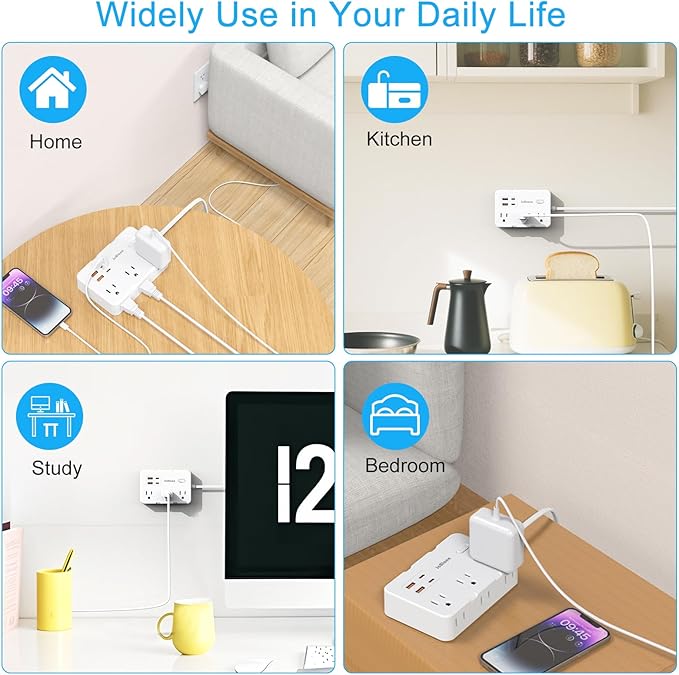 Flat Plug Power Strip Surge Protector, 5ft Ultra Thin Extension Cord with 4 USB Wall Charger(2 USB C Port), 6 Widely-Spaced Outlets Power Strip Compact for Travel, Office, Dorm Room Essentials (White)