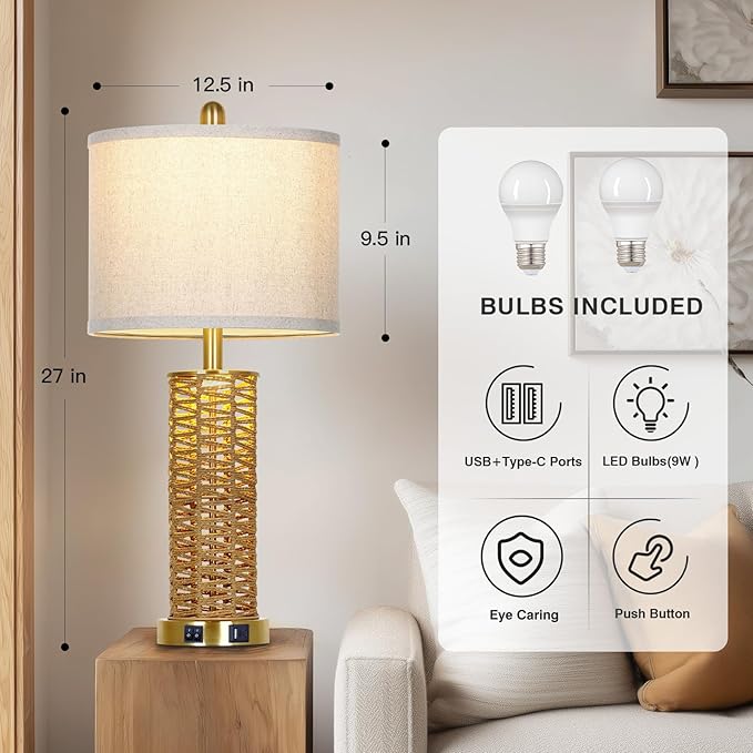 27" Natural Rattan Table Lamps Set of 2, Boho Bedside Lamp for Bedroom with Night Light, Woven Wicker Nightstand Lamps with 2 USB Ports & AC Outlet, Tall Farmhouse Living Room Lamp, Gold